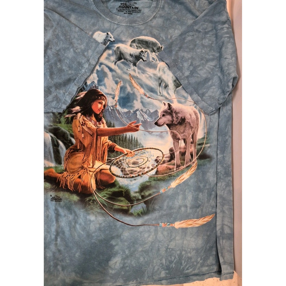 Vintage The Mountain Shirt 2XL Blue Tie-Dye Wolves Dreamcatcher 2001 See Pics